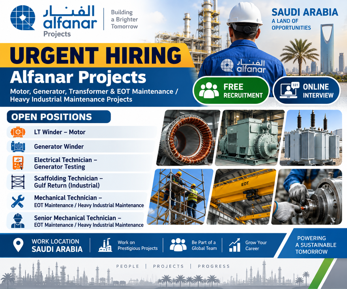 Alfanar Projects Saudi Arabia urgent hiring poster featuring motor, generator, transformer, EOT and heavy industrial maintenance jobs.