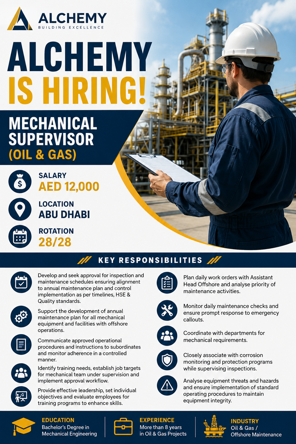 ALCHEMY hiring poster for Mechanical Supervisor (Oil & Gas) in Abu Dhabi, offering AED 12,000 salary and 28/28 rotation.