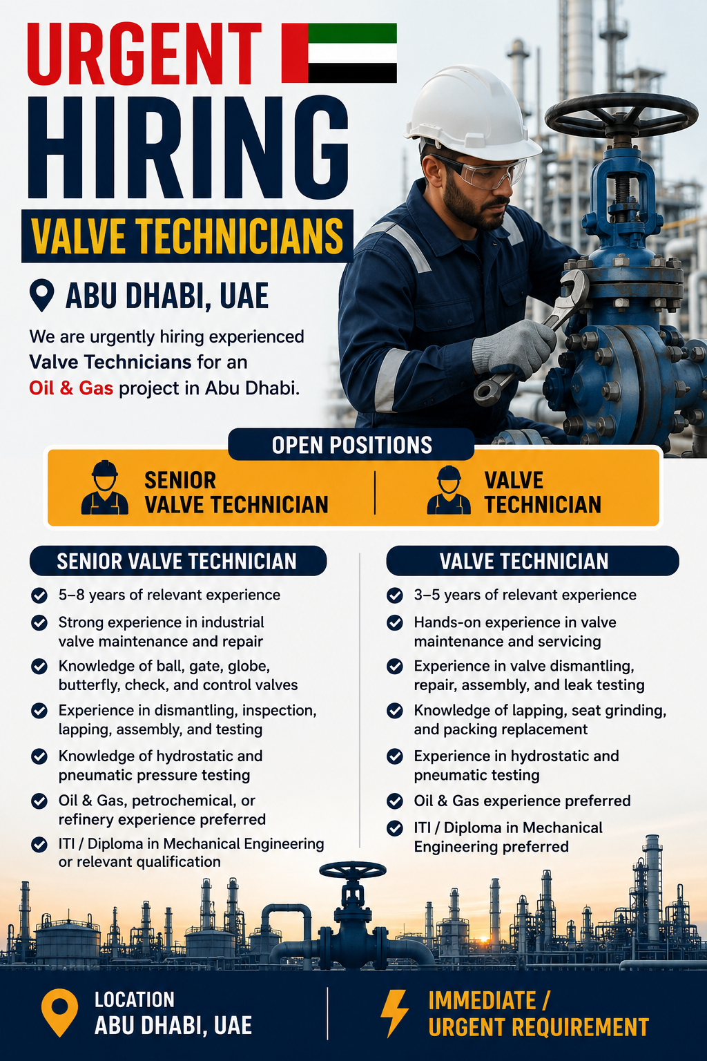 Urgent hiring for Senior Valve Technicians and Valve Technicians in Abu Dhabi, UAE, for an Oil & Gas project.