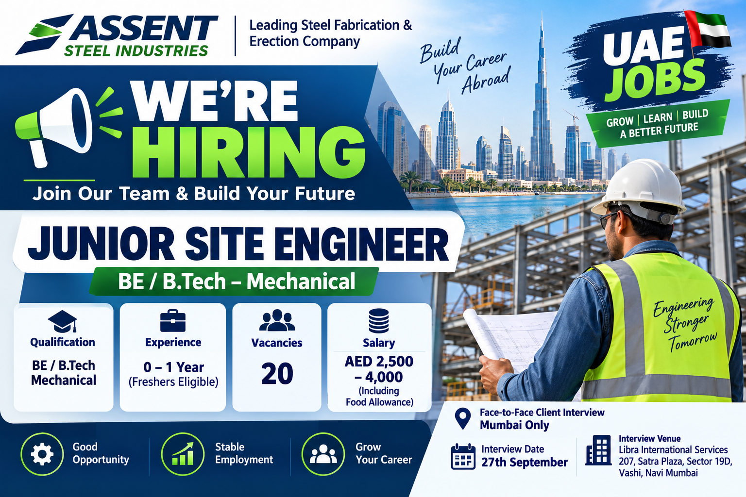 ASSENT Steel Industries UAE hiring poster for Junior Site Engineer – Mechanical, showing BE/B.Tech qualification, 0–1 year experience, 20 vacancies, AED 2,500–4,000 salary, and Mumbai face-to-face interview details.