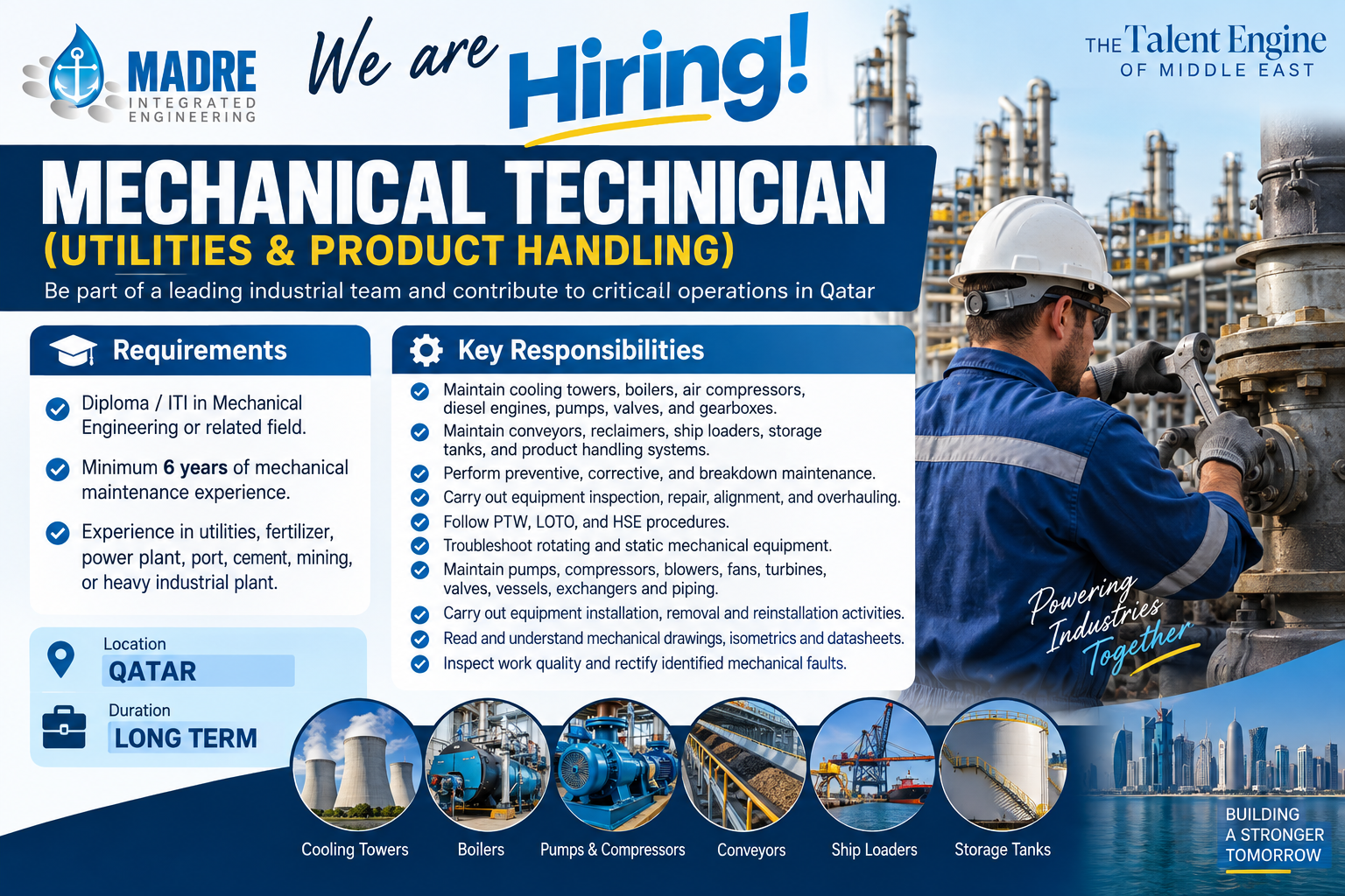 Mechanical Technician jobs in Qatar for utilities and product handling, featuring industrial maintenance equipment and key job requirements.