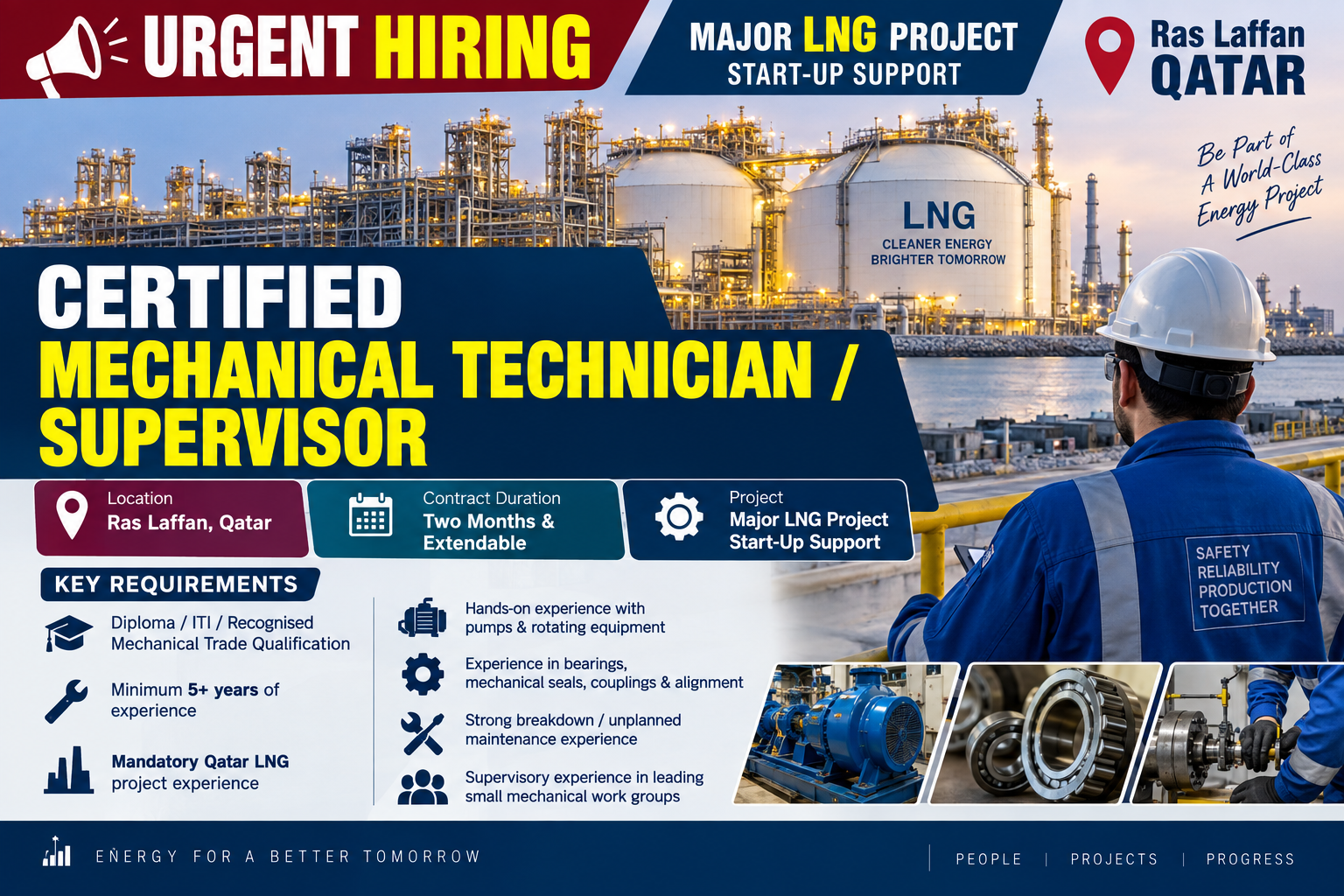 Urgent hiring for Certified Mechanical Technician/Supervisor in Ras Laffan, Qatar, supporting a major LNG project start-up.