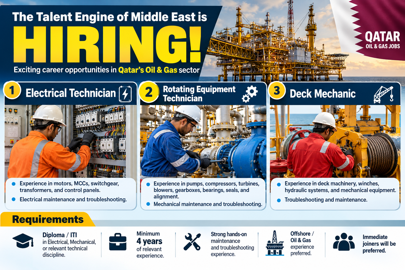 Qatar Oil & Gas hiring for Electrical Technician, Rotating Equipment Technician, and Deck Mechanic with 4+ years of experience.