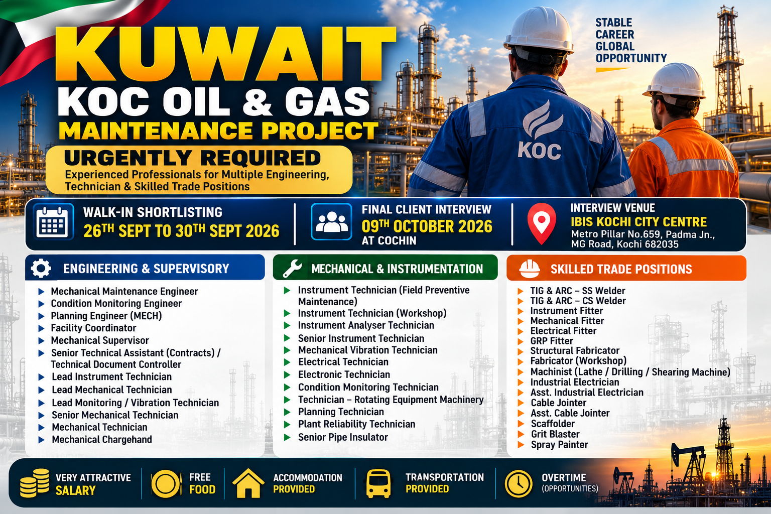 Kuwait KOC Oil and Gas Maintenance Project recruitment poster featuring engineering, technician and skilled trade vacancies, interview dates and job benefits.