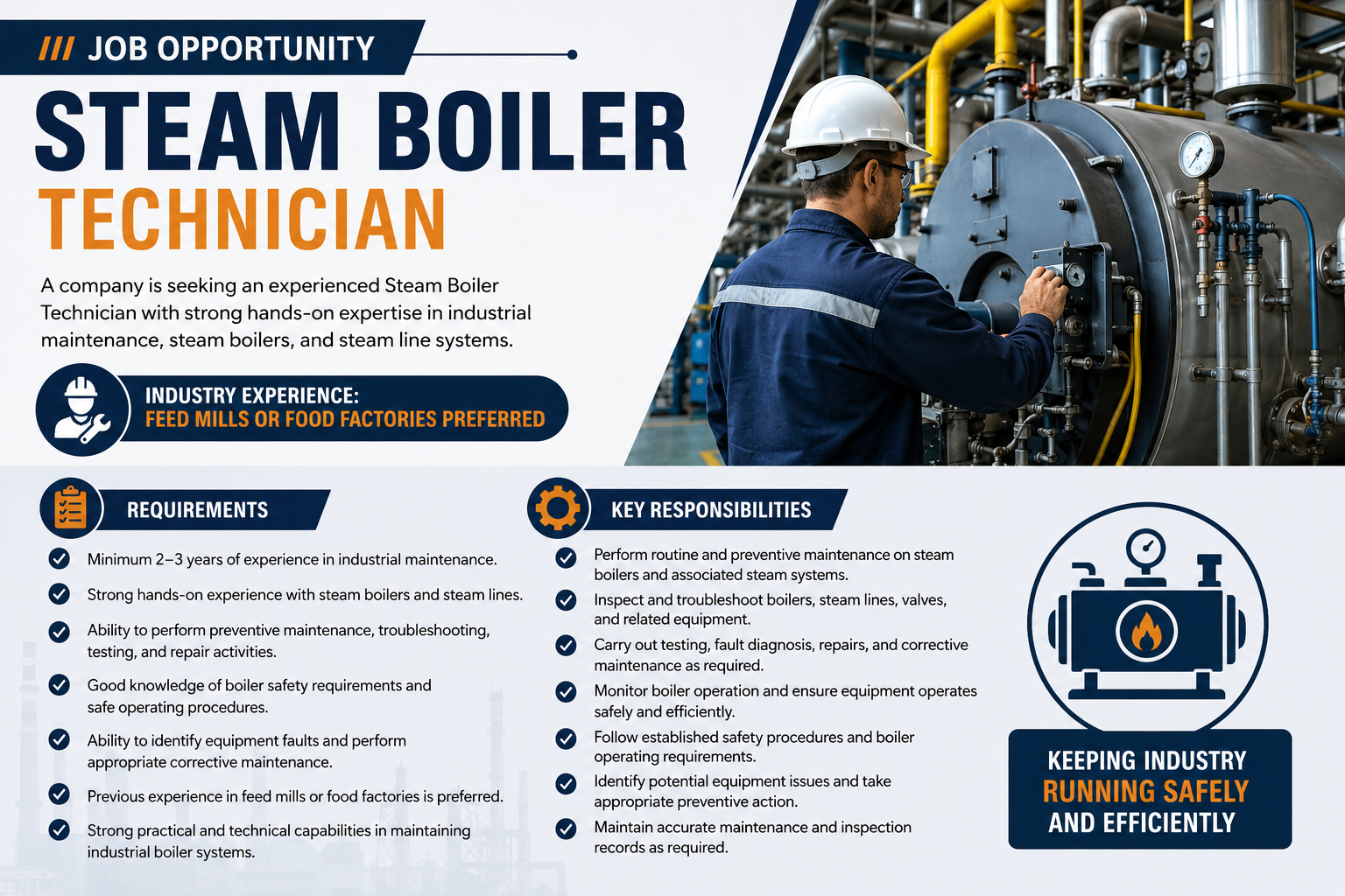 Steam Boiler Technician job opportunity poster featuring an industrial boiler technician, requirements, responsibilities, and preferred feed mill or food factory experience.