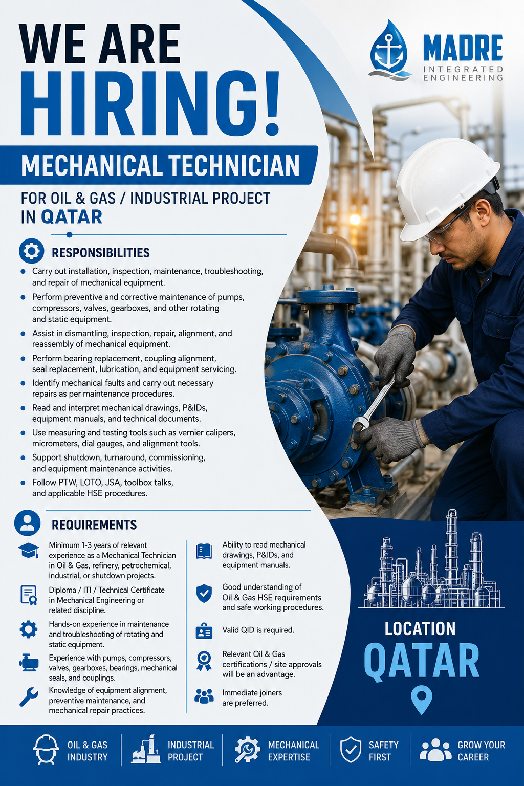 Mechanical Technician hiring poster for an Oil & Gas industrial project in Qatar, featuring job responsibilities, requirements, and a technician servicing industrial equipment.