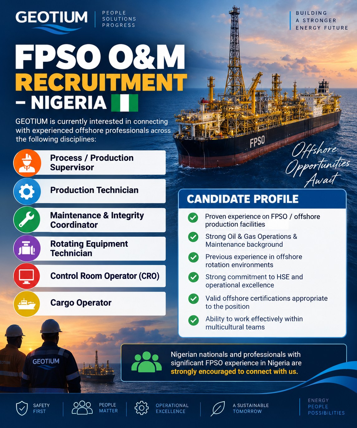 FPSO O&M recruitment in Nigeria for offshore production, maintenance, rotating equipment, control room, and cargo professionals.
