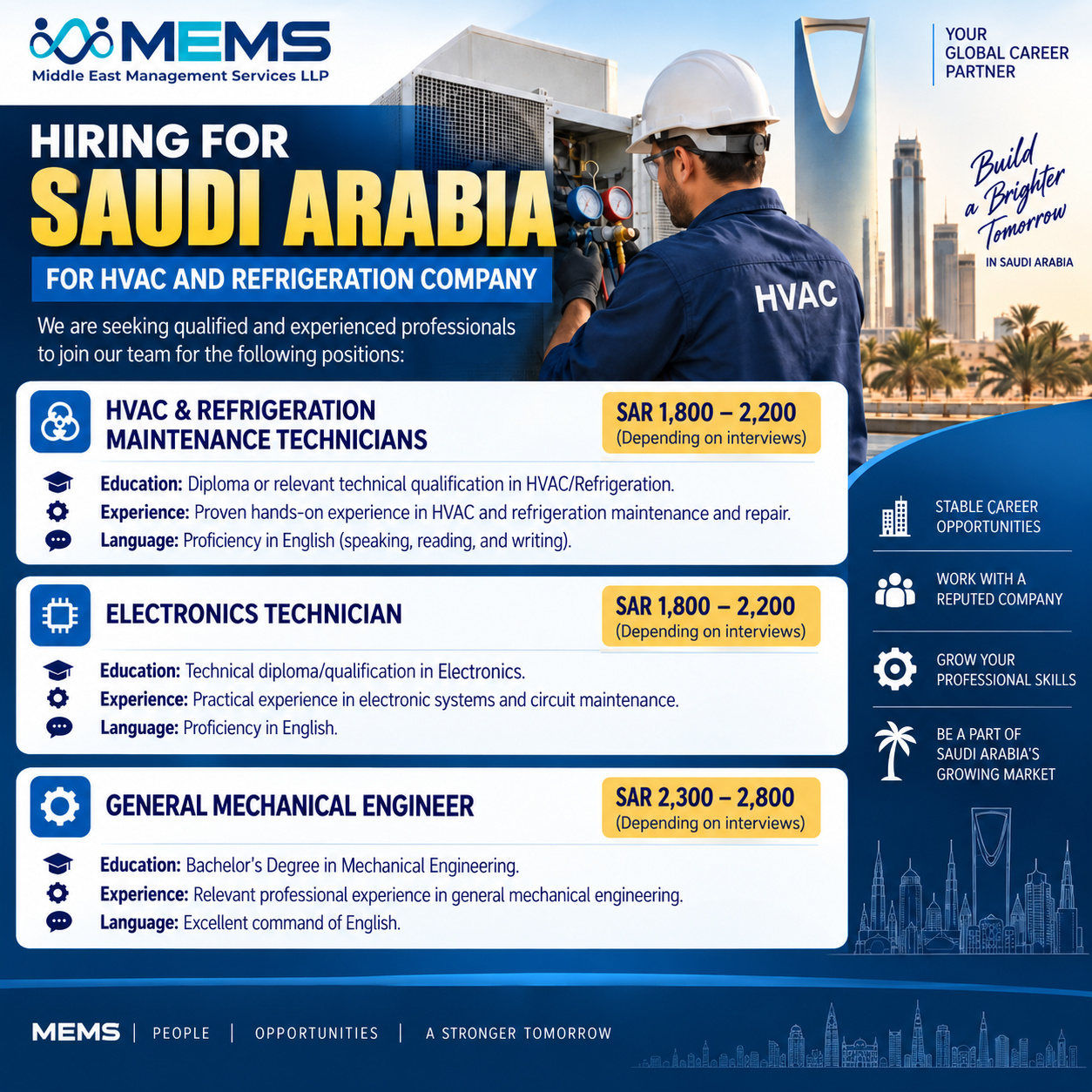 Saudi Arabia hiring poster featuring vacancies for HVAC and refrigeration maintenance technicians, electronics technicians, and general mechanical engineers, with salary ranges and job requirements.