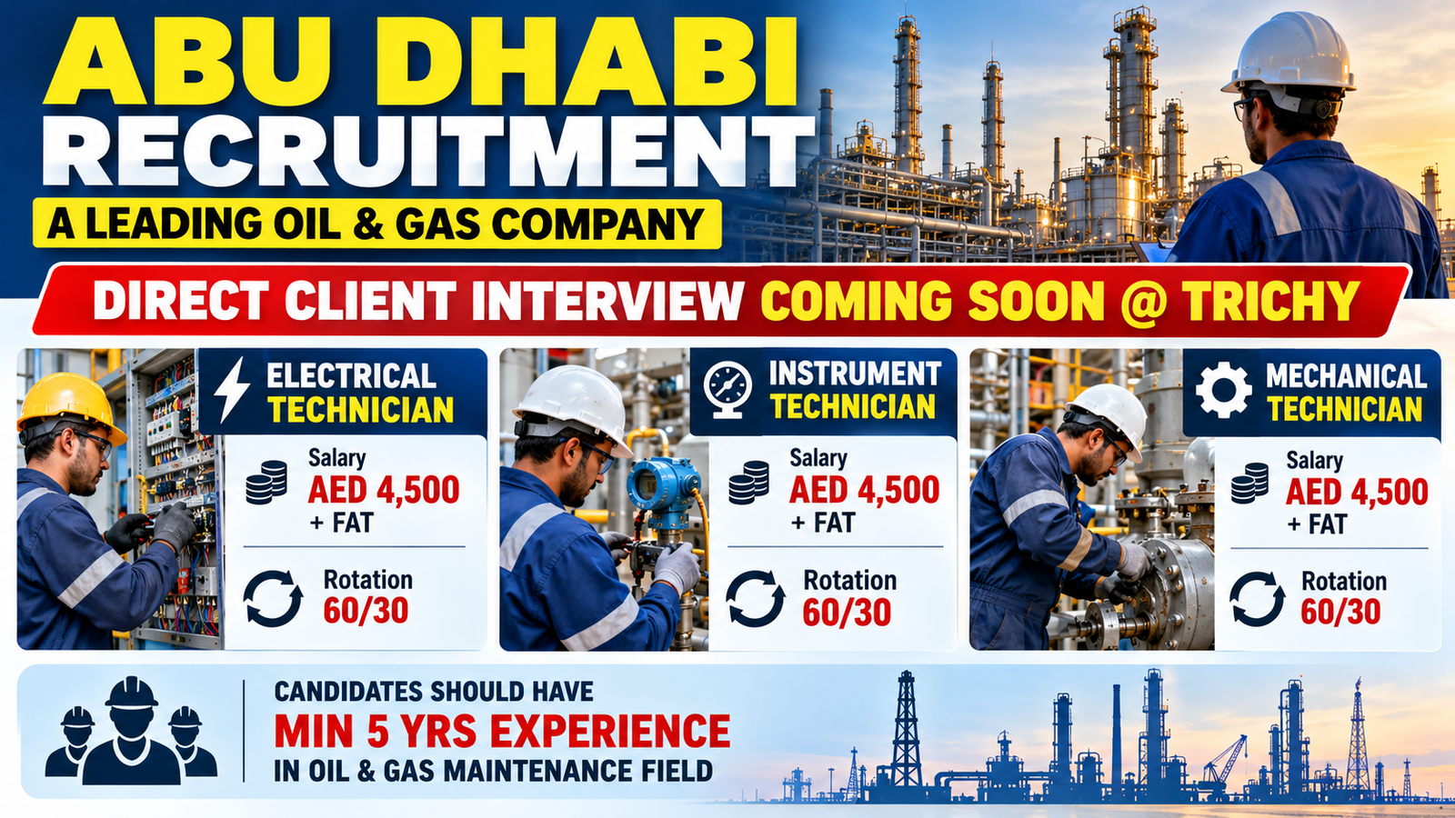 Abu Dhabi Oil & Gas recruitment poster featuring Electrical Technician, Instrument Technician, and Mechanical Technician vacancies, offering AED 4,500 plus FAT with a 60/30 rotation, direct client interview coming soon in Trichy, and a minimum five years of Oil & Gas maintenance experience requirement.