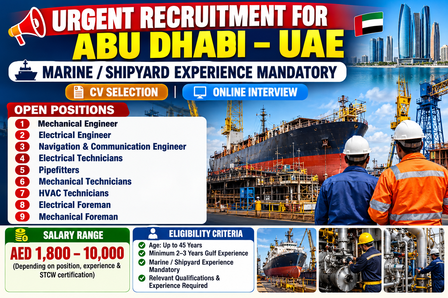 Urgent recruitment in Abu Dhabi, UAE, for marine and shipyard jobs, including mechanical and electrical engineers, technicians, HVAC technicians, pipefitters, and foremen, with salaries from AED 1,800 to AED 10,000.