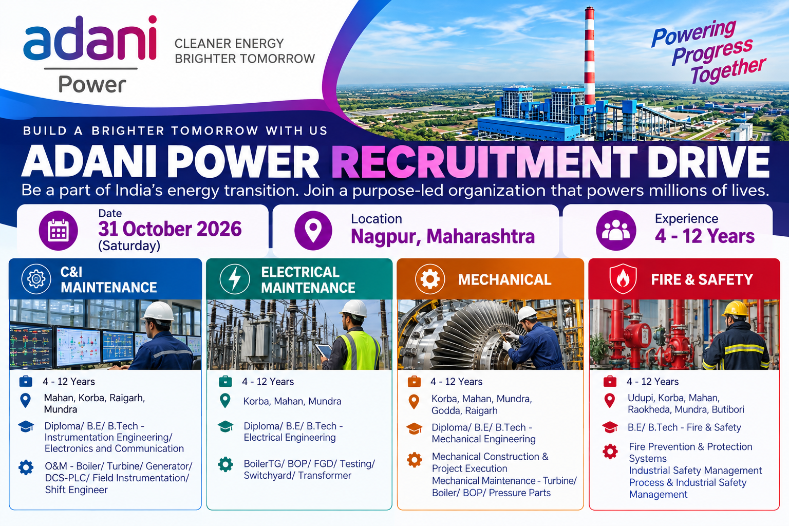 Adani Power Recruitment 2026 poster featuring C&I Maintenance, Electrical Maintenance, Mechanical, and Fire & Safety jobs for candidates with 4–12 years of experience, scheduled for 31 October 2026 in Nagpur, Maharashtra.