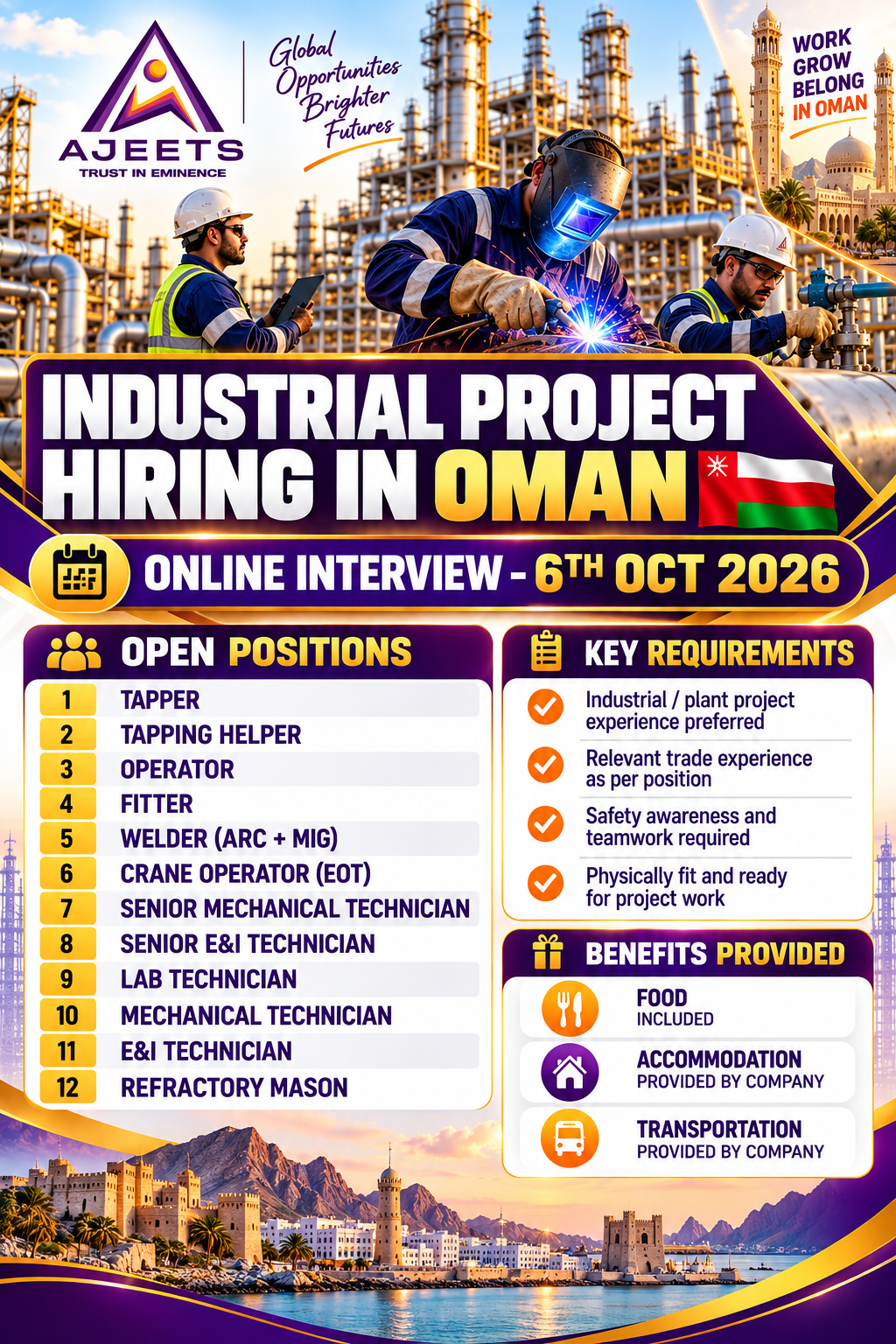 Oman industrial project hiring 2026 poster featuring 12 job vacancies, online interview on 6 October, attractive salary, food, accommodation and transportation benefits.