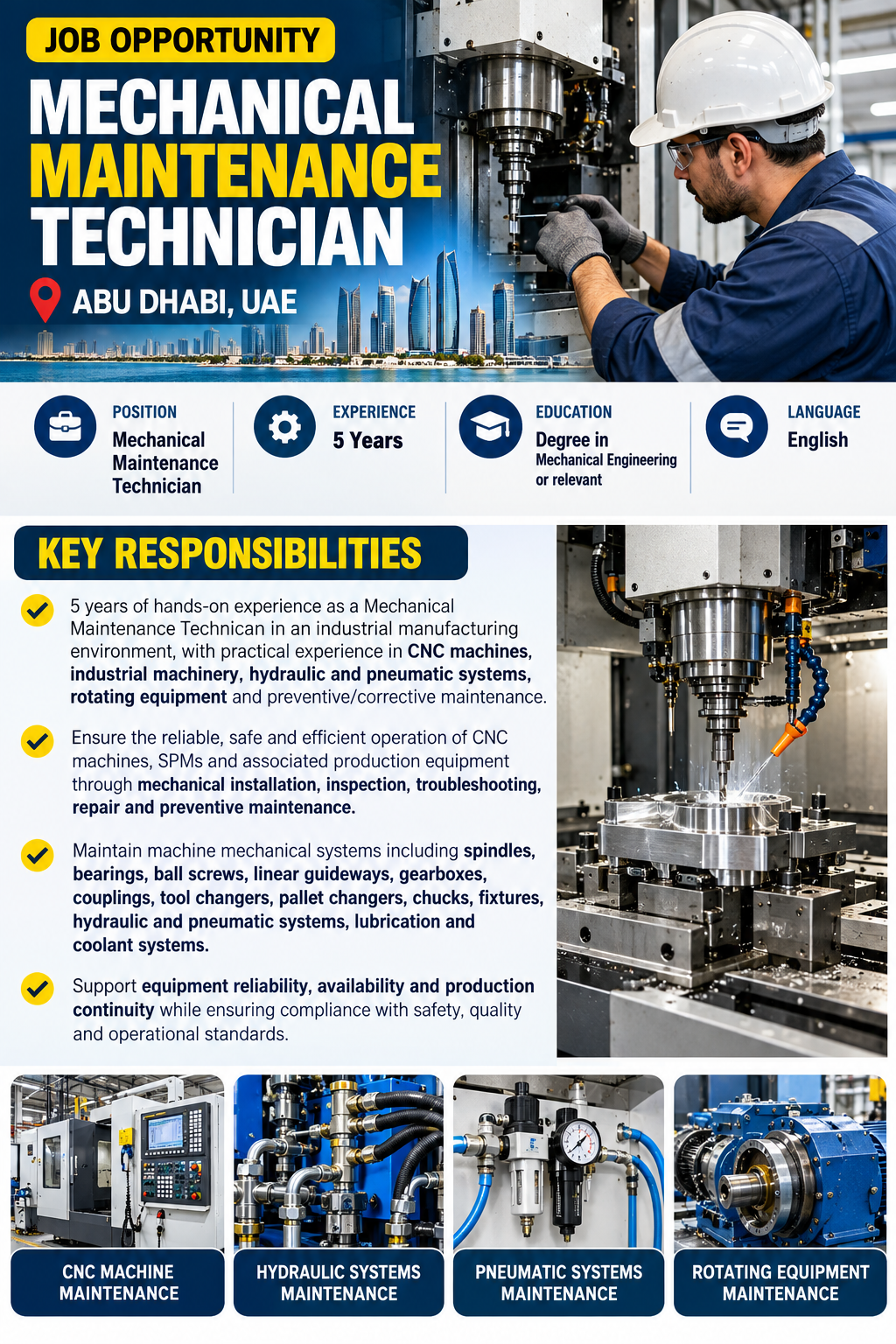 Mechanical Maintenance Technician job in Abu Dhabi, UAE, featuring CNC machine, hydraulic, pneumatic and rotating equipment maintenance responsibilities.