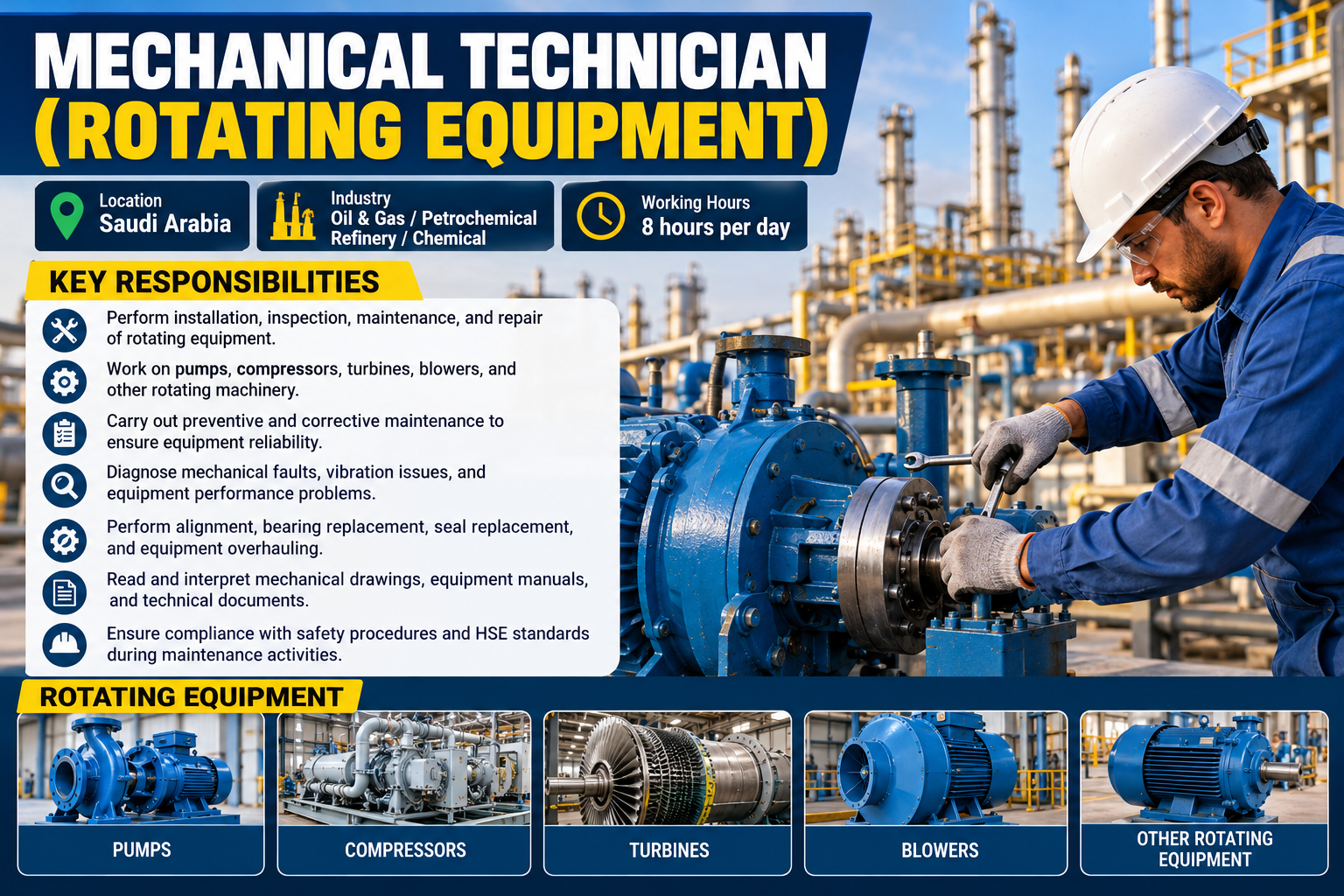 Mechanical Technician (Rotating Equipment) jobs in Saudi Arabia, featuring an industrial technician maintaining a pump at an oil and gas facility, with key responsibilities and equipment including pumps, compressors, turbines, and blowers.