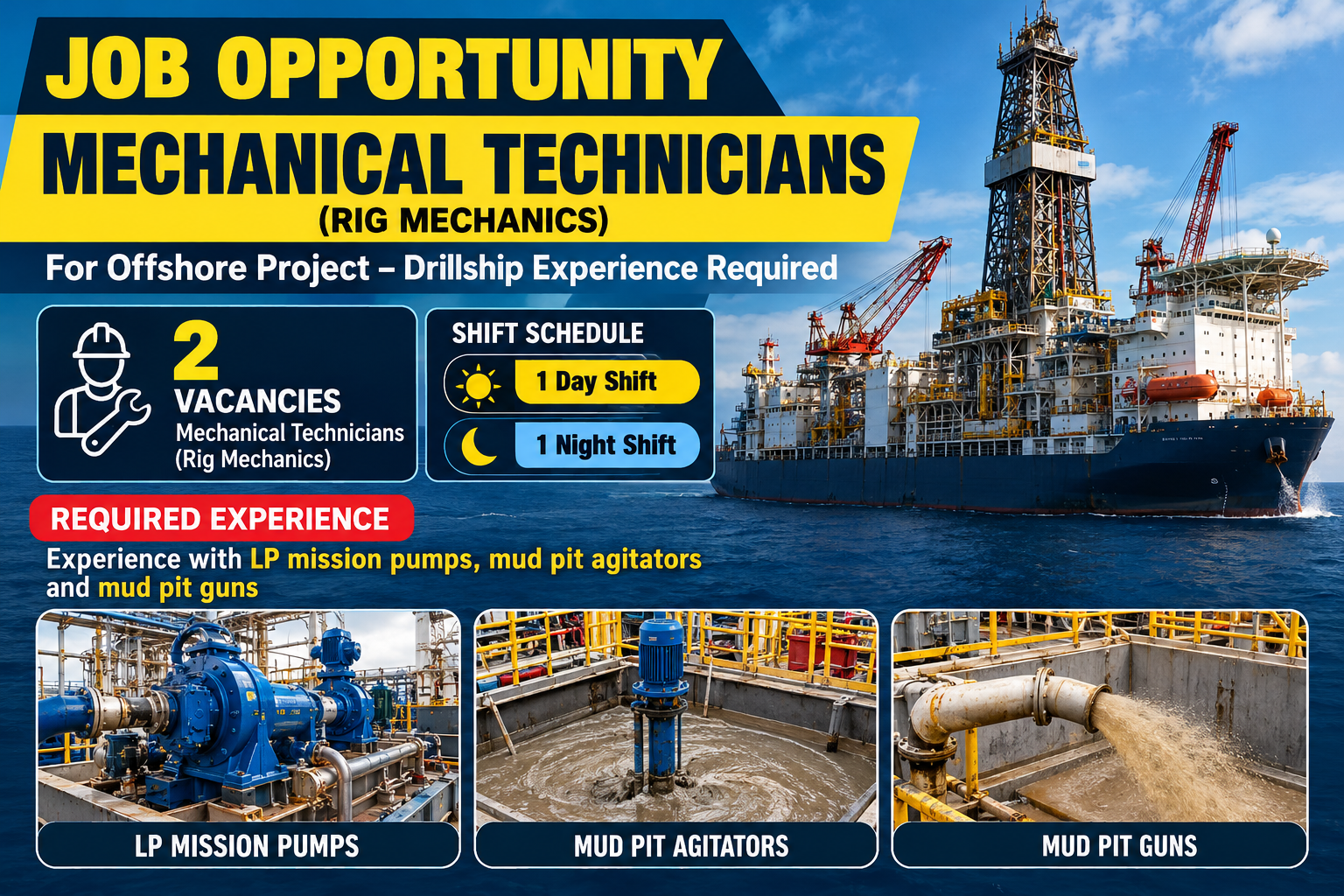 Offshore Mechanical Technician job vacancy poster featuring a drillship, two Rig Mechanic vacancies for day and night shifts, and required experience with LP mission pumps, mud pit agitators, and mud pit guns.