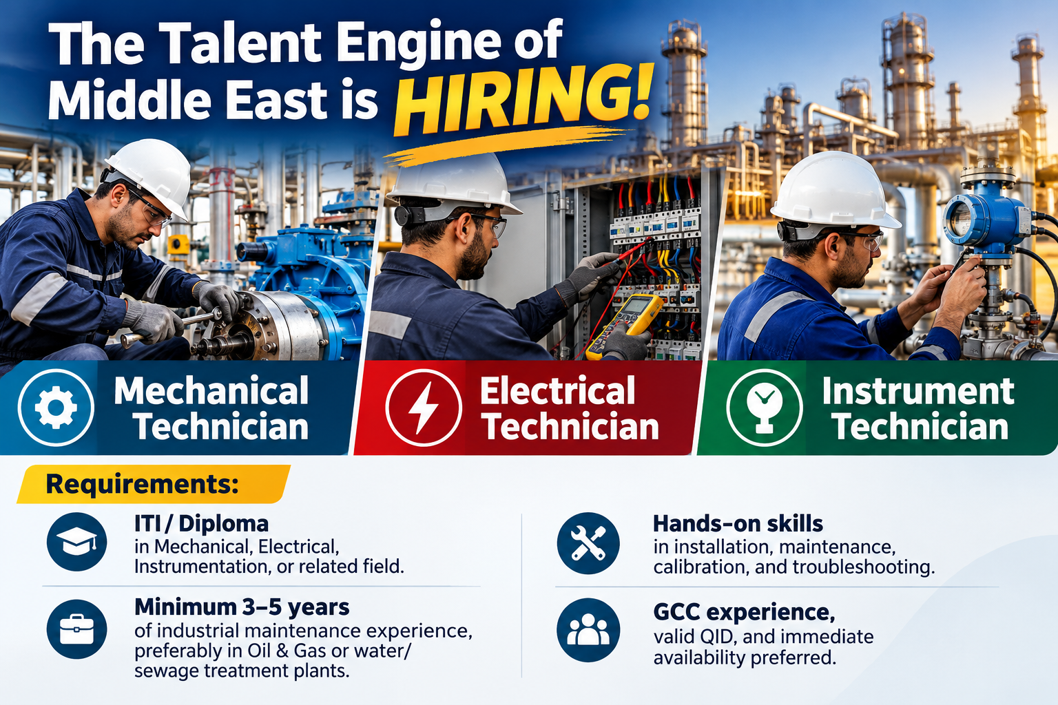 The Talent Engine of Middle East hiring banner featuring Mechanical Technician, Electrical Technician, and Instrument Technician vacancies, with ITI/Diploma qualifications, 3–5 years of industrial maintenance experience, and preferred GCC experience with valid QID and immediate availability.