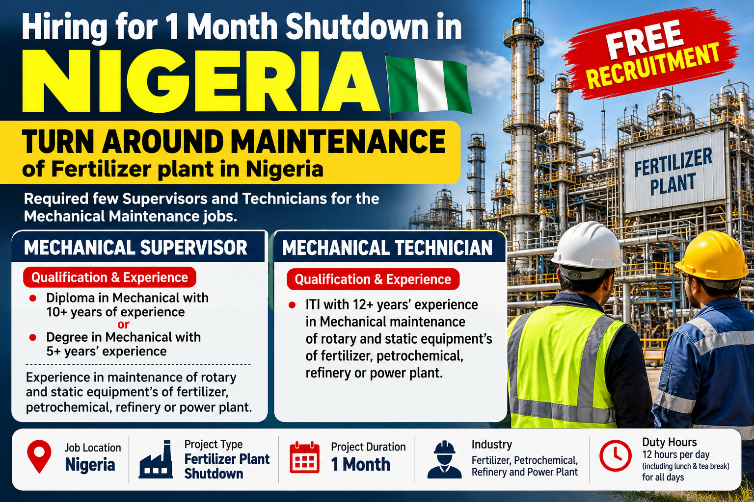 Nigeria fertilizer plant shutdown jobs hiring Mechanical Supervisors with 5–10+ years of experience and Mechanical Technicians with 12+ years of experience for a one-month turnaround maintenance project with free recruitment.