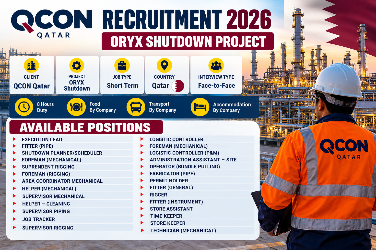 QCON Qatar Recruitment 2026 poster for the ORYX Shutdown Project, featuring available job vacancies in mechanical, piping, rigging, instrumentation, logistics, and support roles, with company-provided food, transportation, and accommodation.