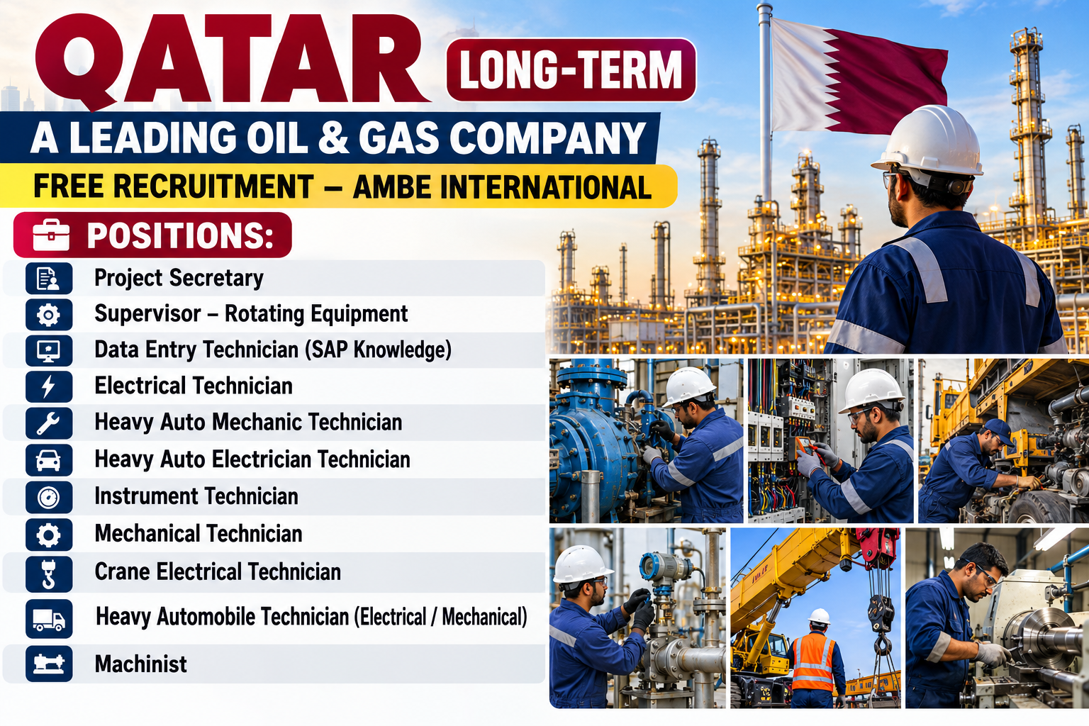 Qatar oil and gas jobs 2026 recruitment poster by Ambe International featuring 11 vacancies for experienced technicians, mechanics, supervisors, and other professionals.