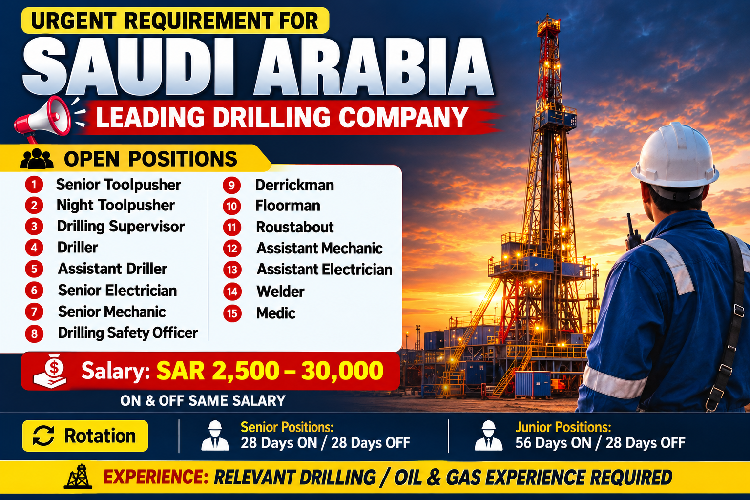 Saudi Arabia drilling company recruitment poster featuring 15 oil and gas job vacancies, including senior toolpusher, driller, senior mechanic, assistant mechanic, electrician, welder, and derrickman, with salary details of SAR 2,500–30,000 and work rotation schedules.