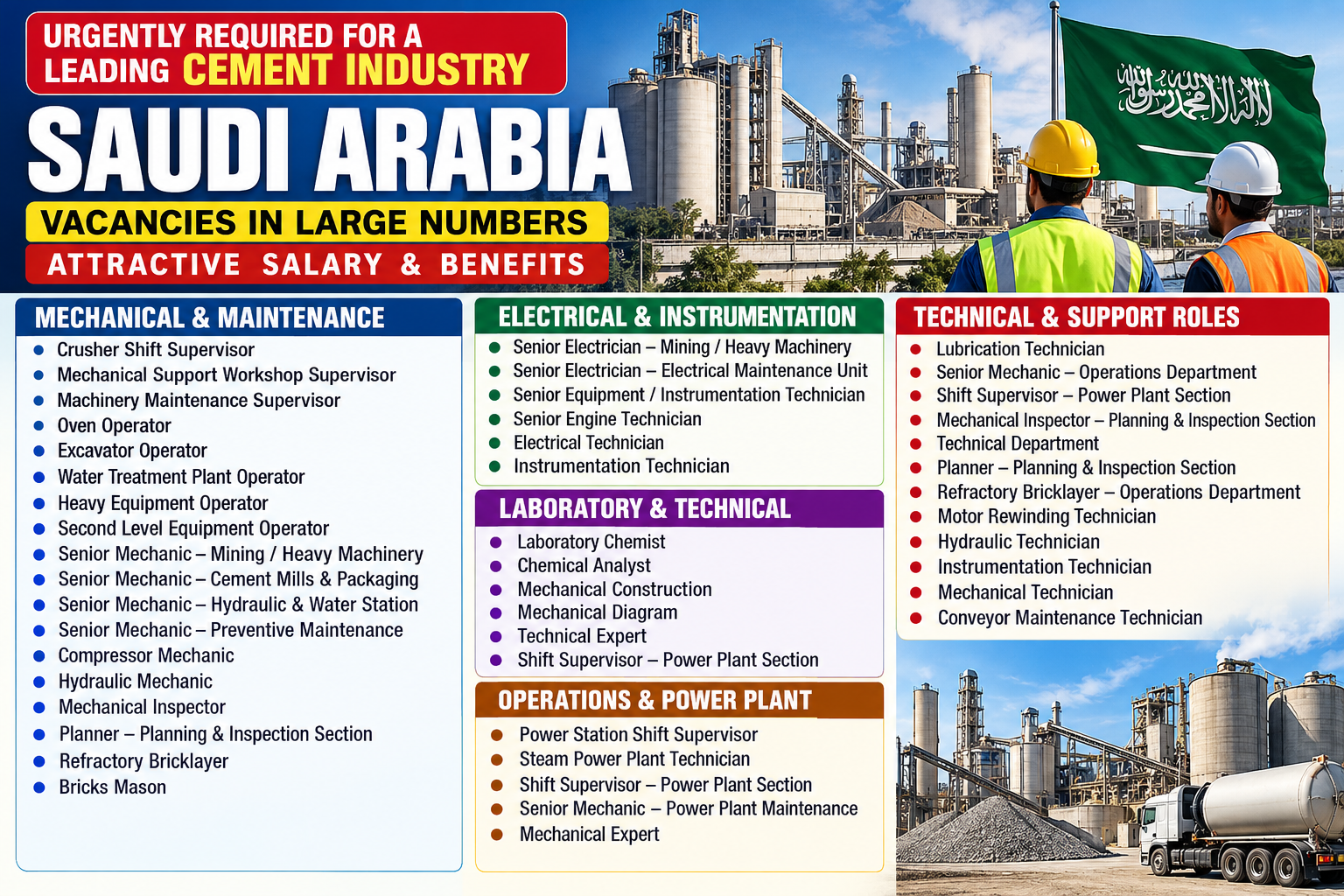 Saudi Arabia cement industry recruitment poster featuring urgent vacancies for mechanical, electrical, instrumentation, maintenance, laboratory, power plant, and technical support positions.