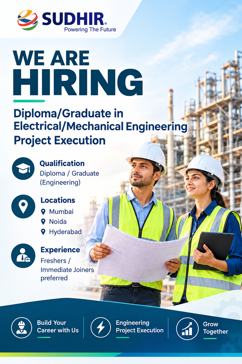 Sudhir Power hiring poster for Diploma and Graduate Engineers in Electrical and Mechanical Engineering for Project Execution jobs in Mumbai, Noida, and Hyderabad, with freshers and immediate joiners preferred