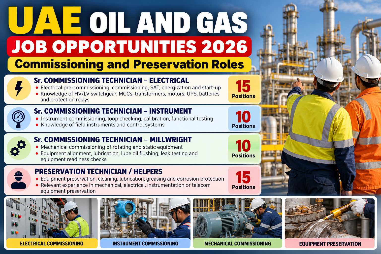 UAE Oil and Gas Jobs 2026 recruitment poster featuring 50 vacancies for electrical commissioning technicians, instrument commissioning technicians, millwright technicians, and preservation technicians/helpers at an industrial oil and gas facility.