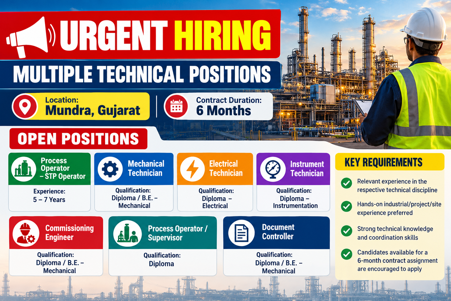 Urgent hiring in Mundra, Gujarat, for multiple technical positions including mechanical technician, electrical technician, instrument technician, STP operator, commissioning engineer, process supervisor, and document controller on a six-month contract.