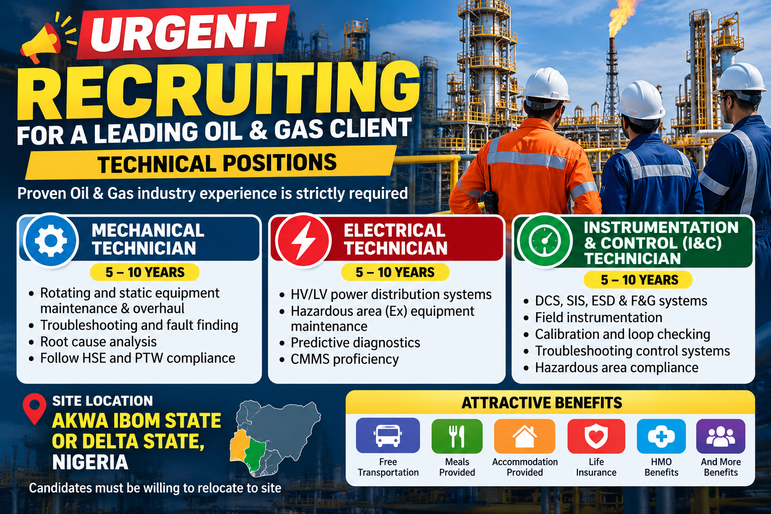 Urgent Oil and Gas recruitment in Nigeria for Mechanical, Electrical, and Instrumentation & Control Technicians with 5–10 years of experience, offering competitive salaries and benefits in Akwa Ibom or Delta State.