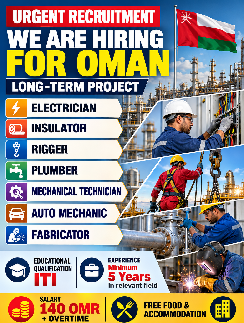 Oman recruitment 2026 poster featuring vacancies for Electrician, Insulator, Rigger, Plumber, Mechanical Technician, Auto Mechanic and Fabricator, with ITI qualification, 5 years’ experience, 140 OMR salary plus overtime, and free food and accommodation.