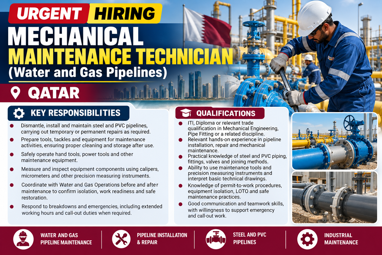 Urgent hiring for Mechanical Maintenance Technician in Qatar for water and gas pipeline maintenance, featuring pipeline repair, steel and PVC piping, and required ITI or Diploma qualifications.
