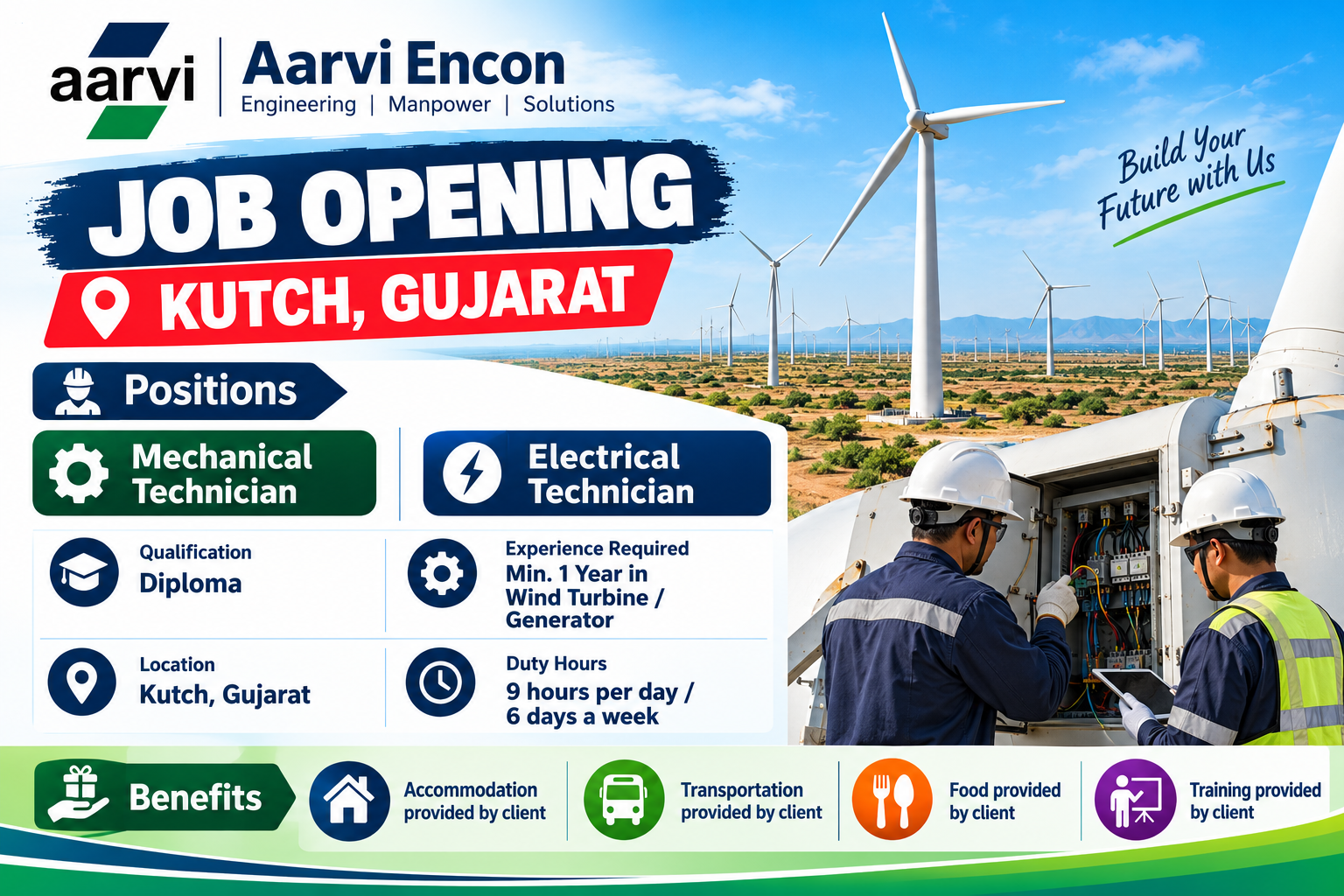 Aarvi Encon hiring poster for Mechanical and Electrical Technicians in Kutch, Gujarat, featuring diploma qualifications, wind turbine or generator experience requirements, working hours, and client-provided accommodation, transportation, food, and training.